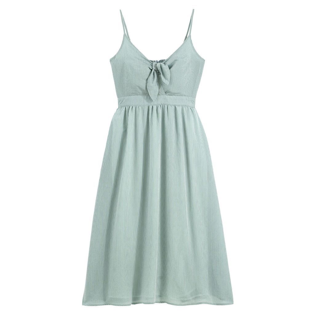 Finely Striped Midaxi Dress with Shoestring Straps and Bow