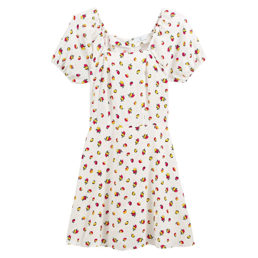 Mini Tea Dress in Fruit Print with Square Neck and Short Puff Sleeves