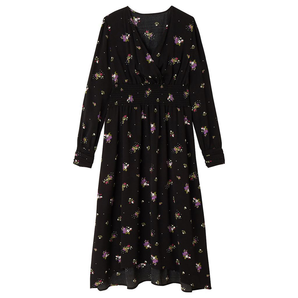 Floral Print Midi Dress with Smocking and Long Sleeves