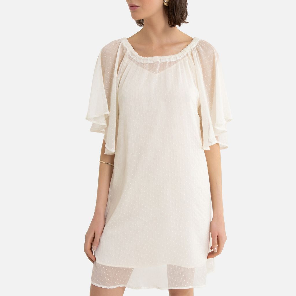 Flared Mini Dress in Dotted Voile with Short Sleeves