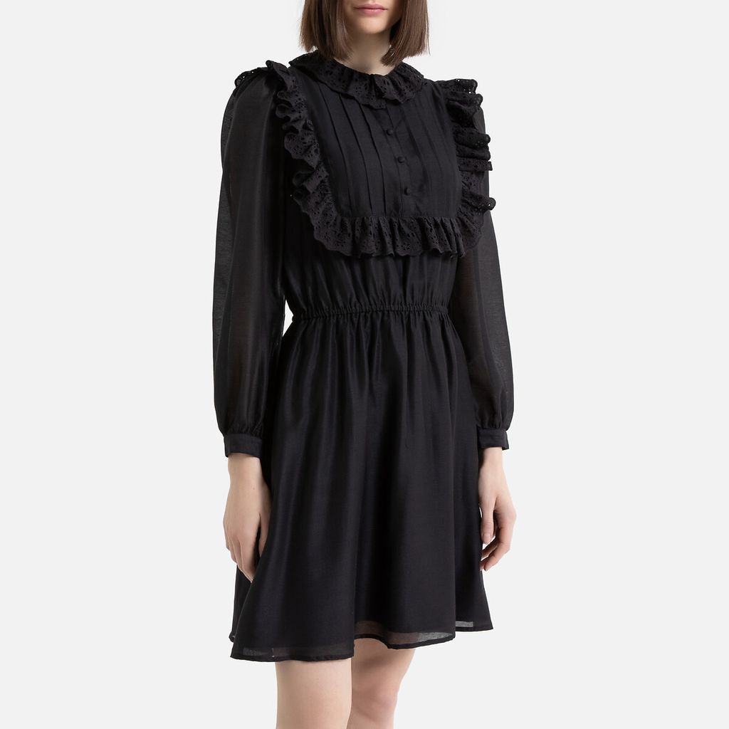 Ruffled Flared Mini Dress with Long Sleeves and Broderie Anglaise