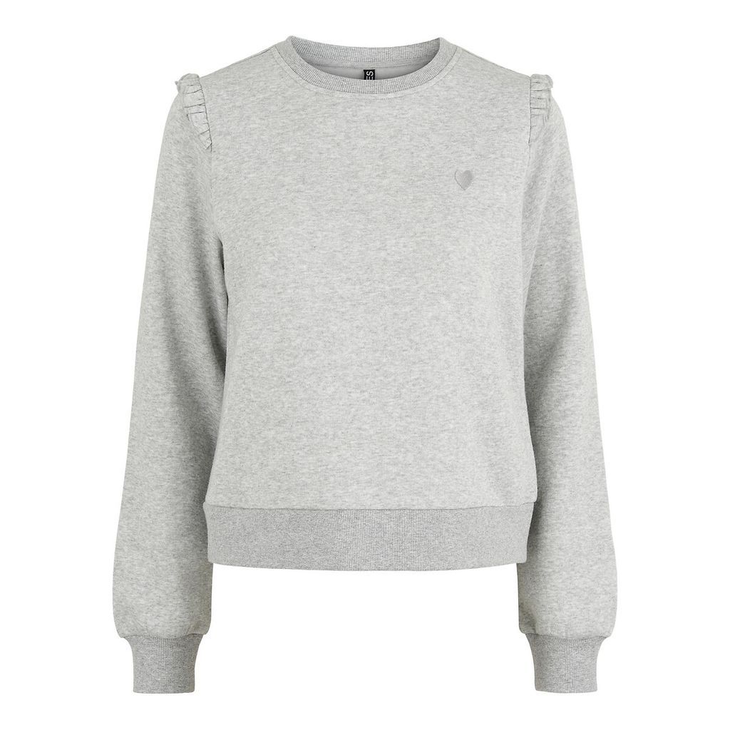Cotton Mix Sweatshirt with Ruffled Shoulders and Crew Neck