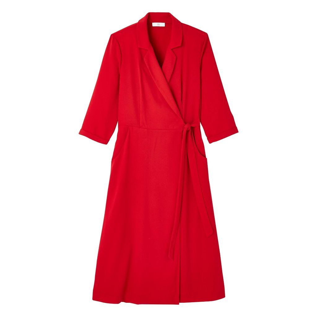 Wrapover Midi Blazer Dress with Tailored Collar and Long Sleeves