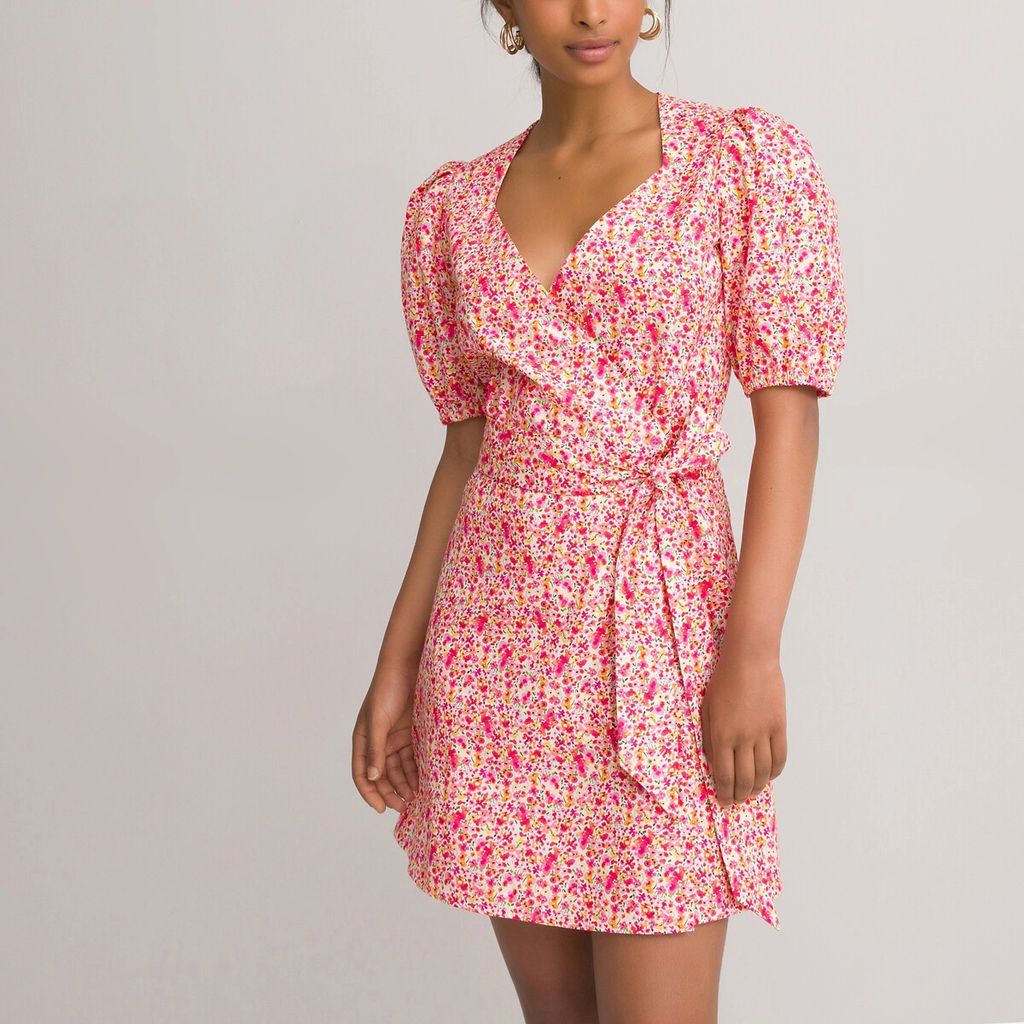 Floral Cotton Wrapover Dress with Short Puff Sleeves and Tie-Waist