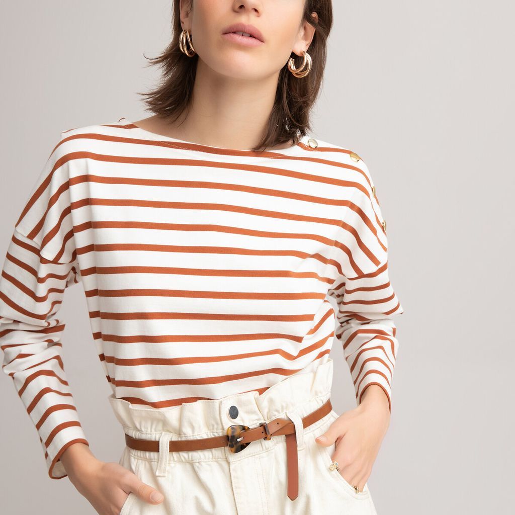 Breton Striped Cotton T-Shirt with Crew Neck and Long Sleeves