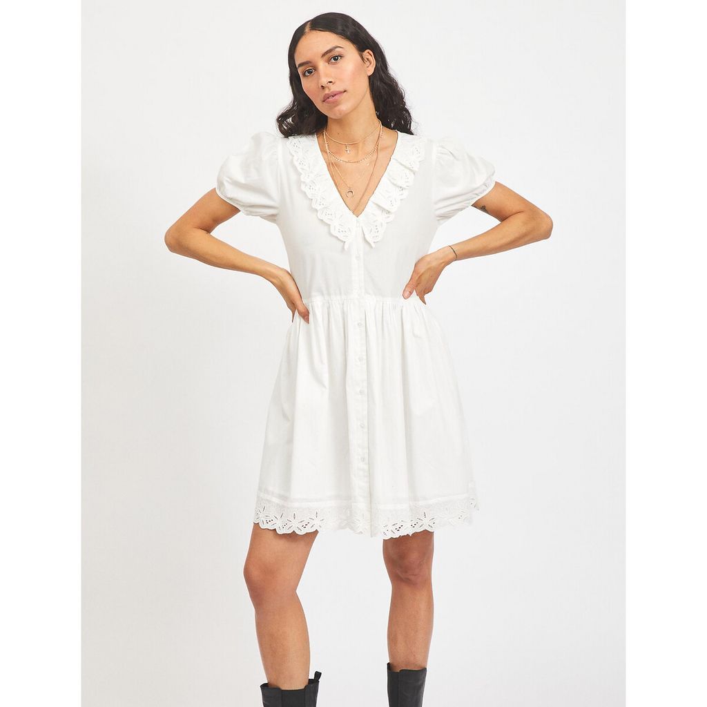 Embroidered Cotton Mini Dress with V-Neck
