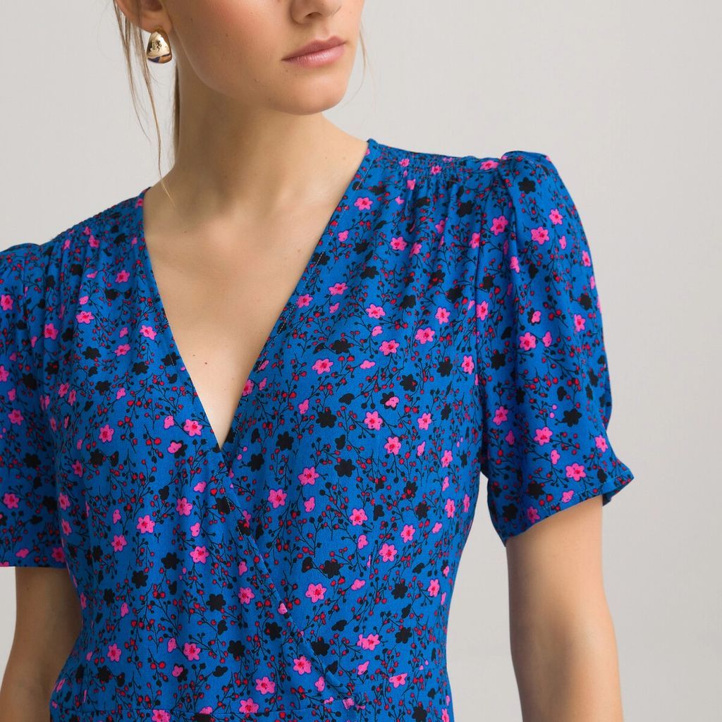 Floral Wrapover Effect Dress with Side Buttoning and Short Puff Sleeves