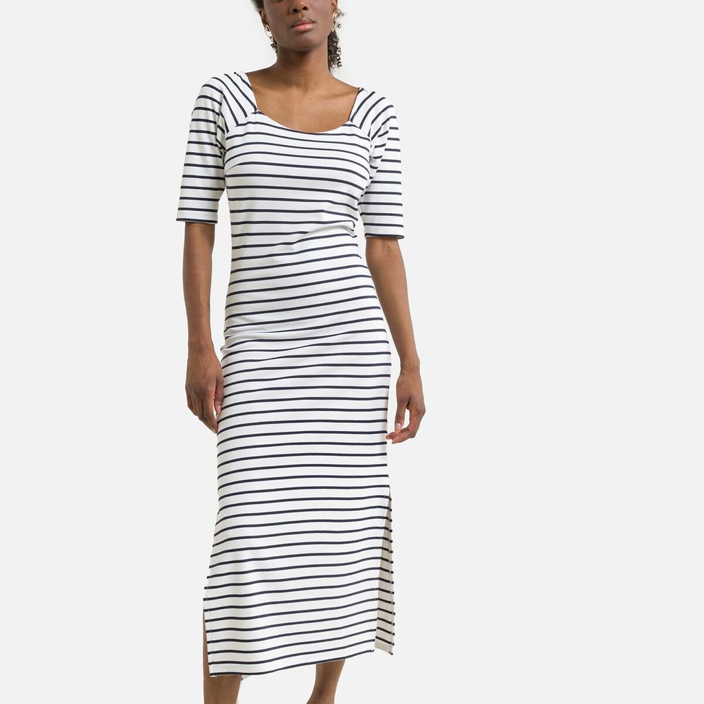 Breton Striped Maxi Dress with Square Neck and 3/4 Length Sleeves
