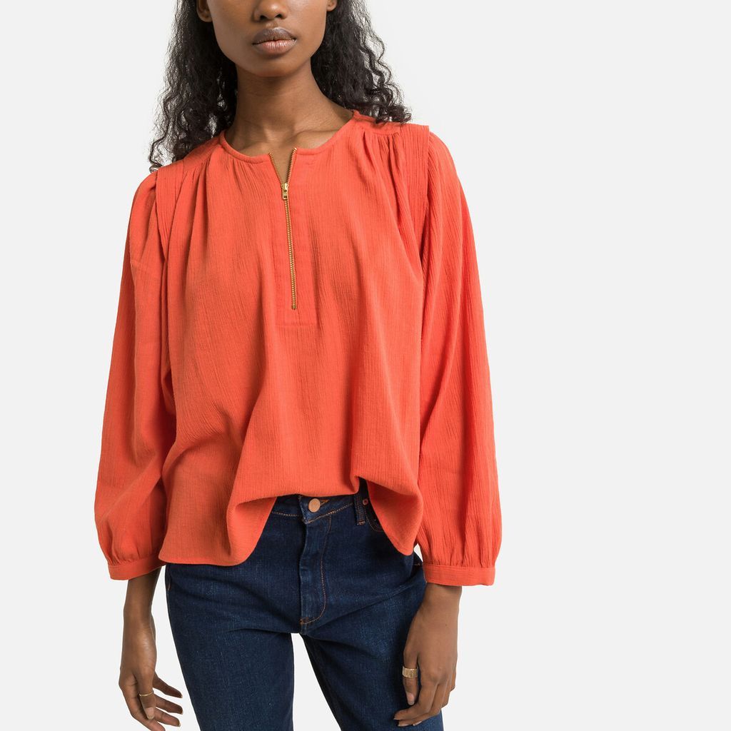 Cotton Gathered Zipped Blouse with Long Sleeves