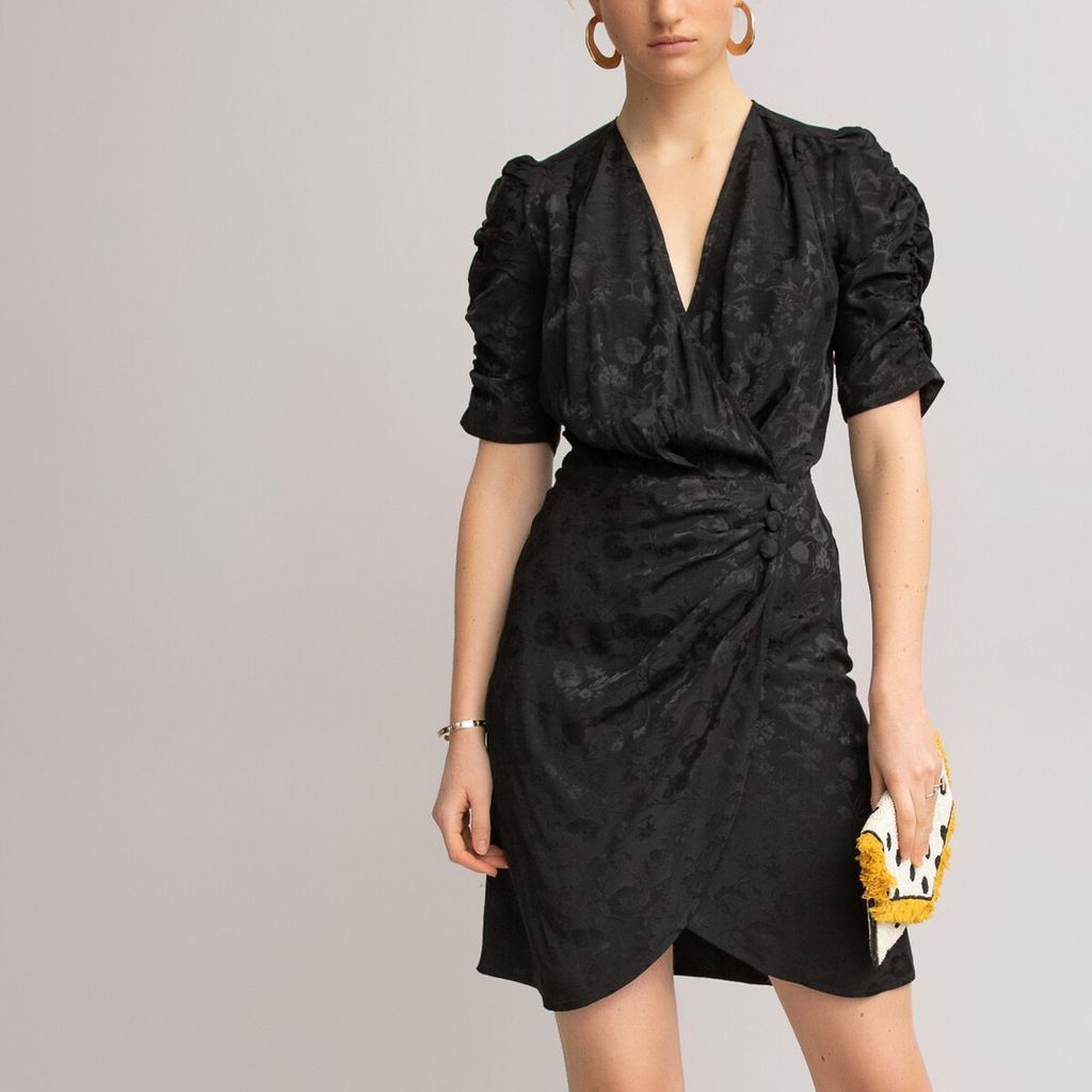 Floral Jacquard Wrapover Mini Dress with Short Ruched Puff Sleeves