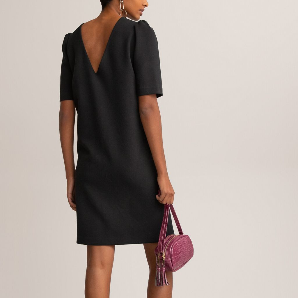 Short-Sleeved Mini Shift Dress with Plunge Back and Puff Sleeves