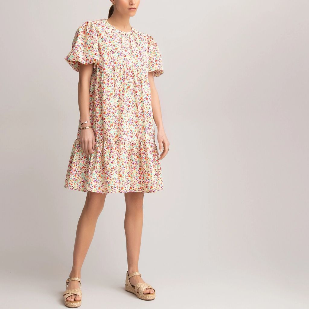 Cotton Poplin Mini Smock Dress in Floral Print with Puff Sleeves