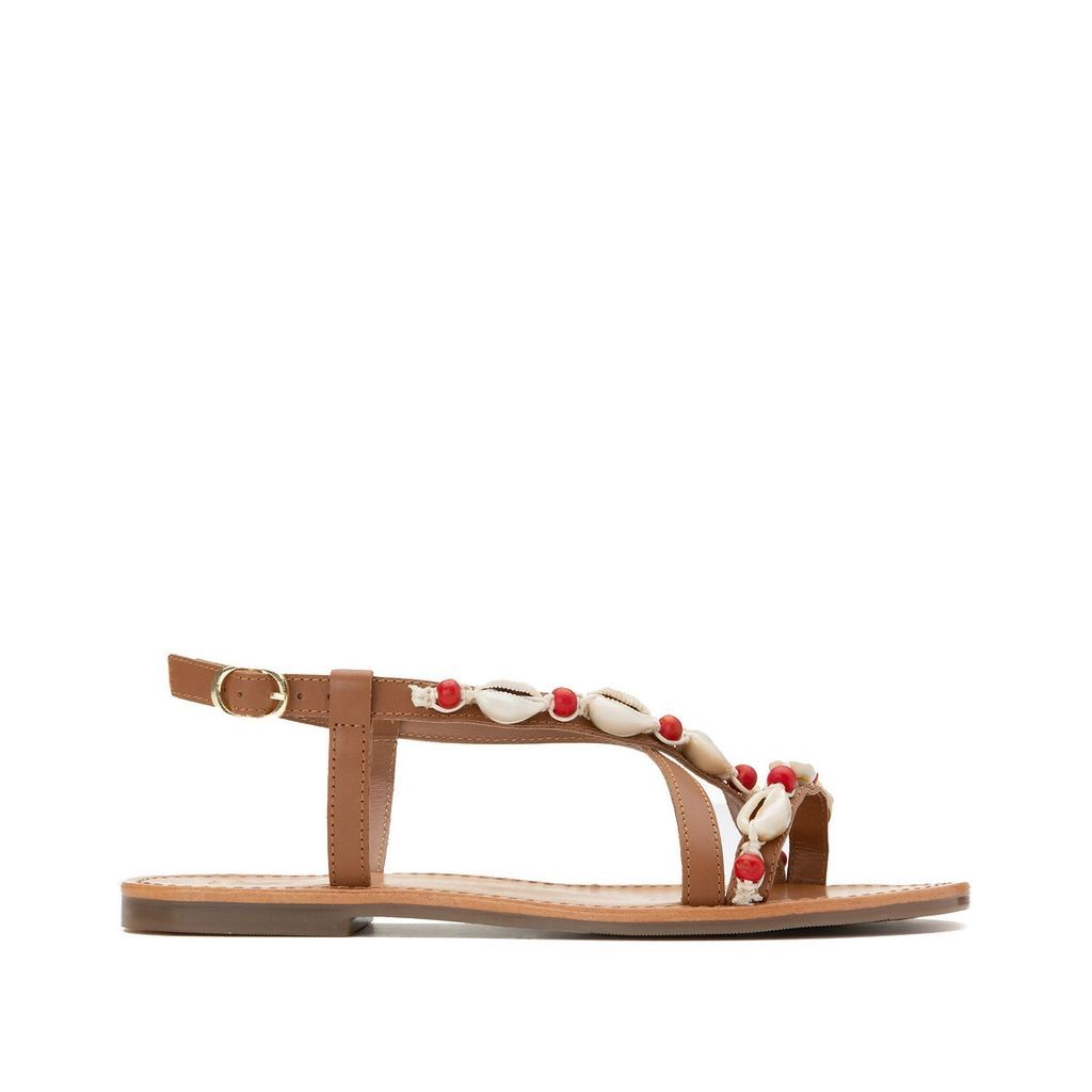 Wide Fit Leather Sandals with Shell Detail