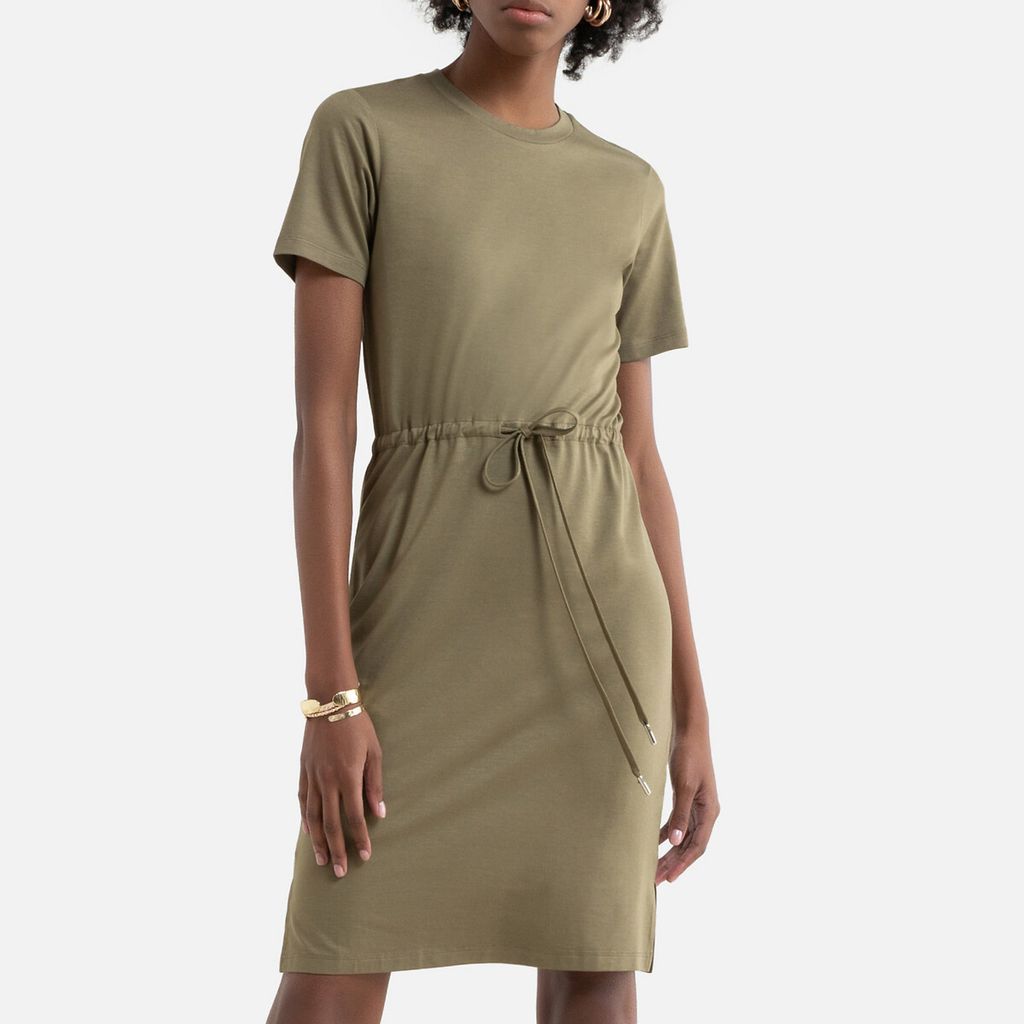 T-Shirt Dress with Drawstring Waist and Crew Neck
