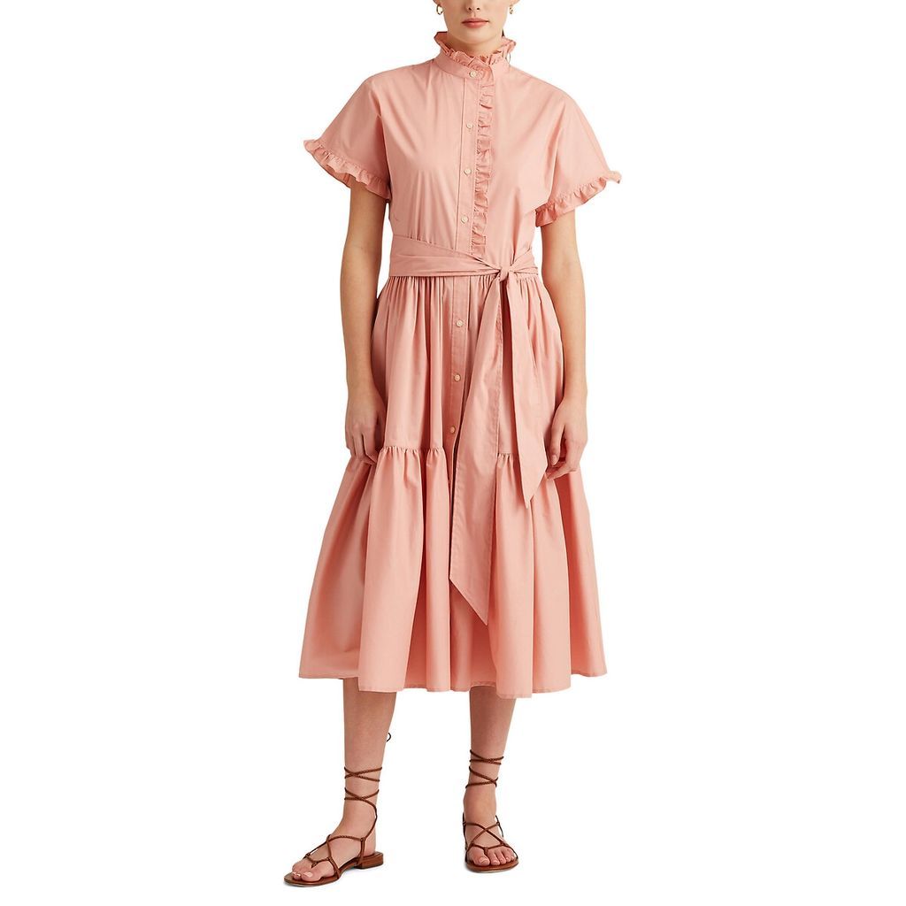 Ruffled Midi Dress in Cotton Mix with Short Sleeves
