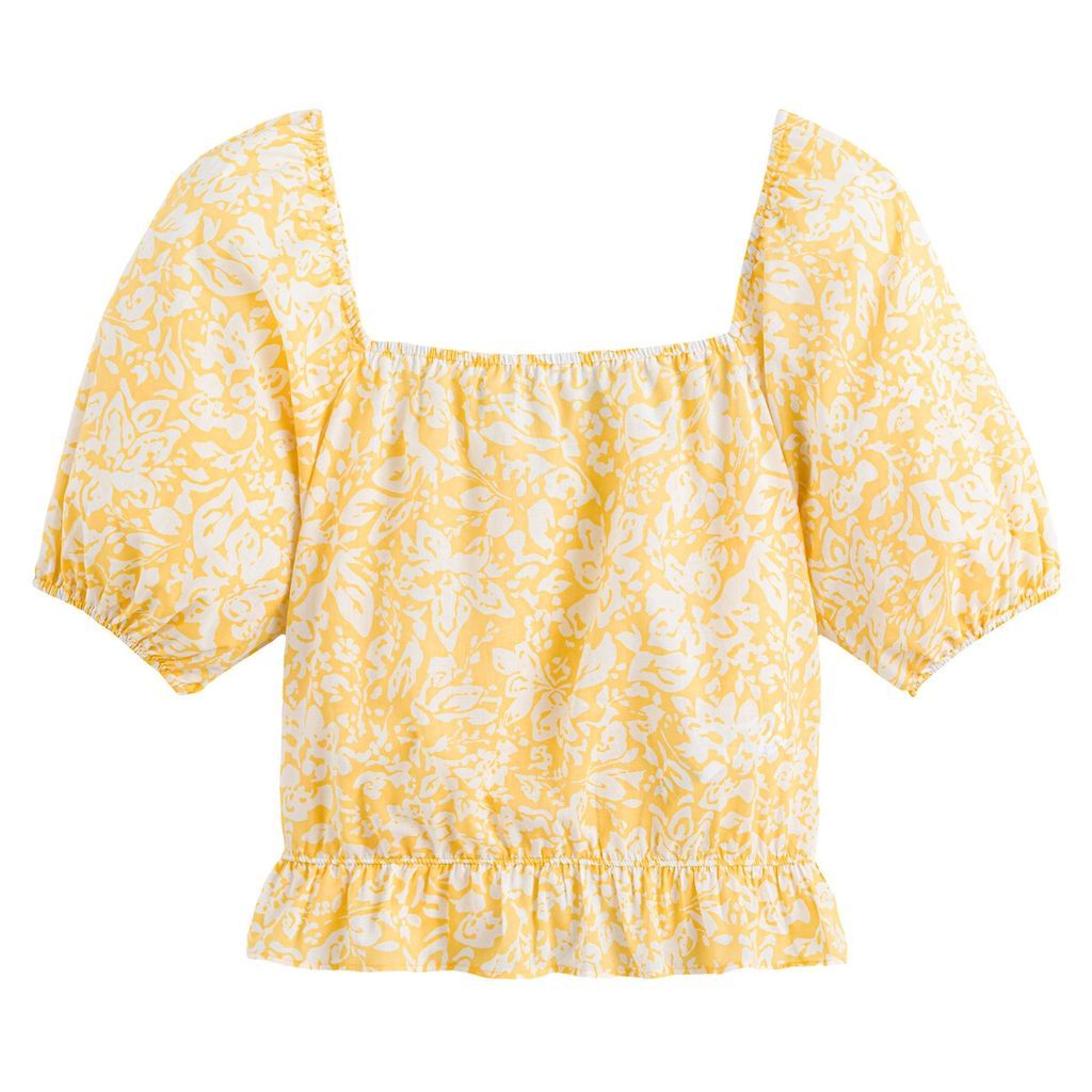 Floral Cotton Blouse with Square Neck and Short Puff Sleeves