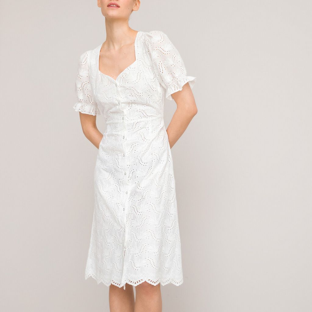 Organic Cotton Midi Dress with Broderie Anglasise and Puff Sleeves
