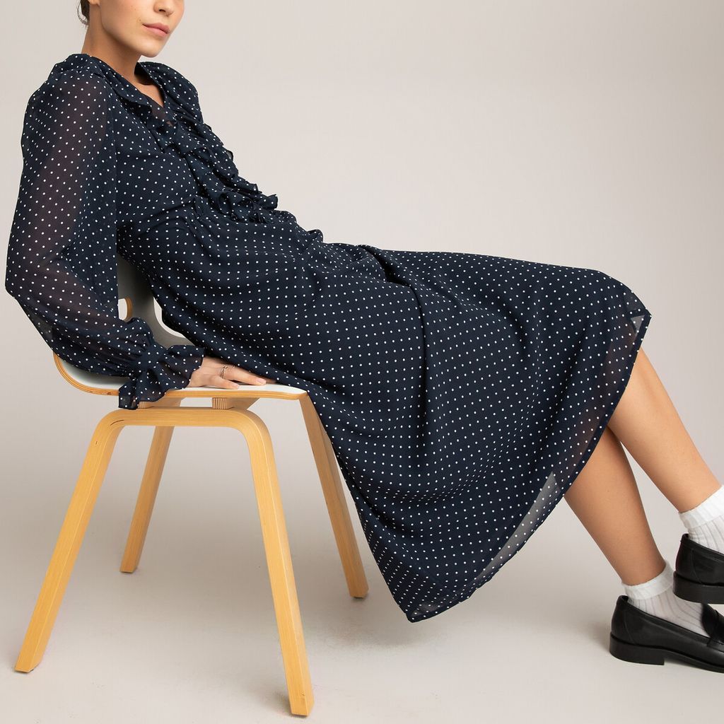 Recycled Polka Dot Dress with Ruffled V-Neck and Long Sleeves