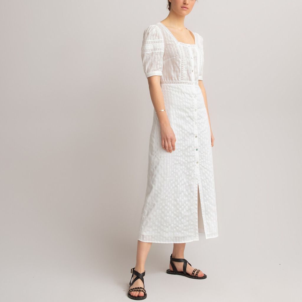 Cotton Buttoned Midaxi Dress with Lace Braiding and Puff Sleeves