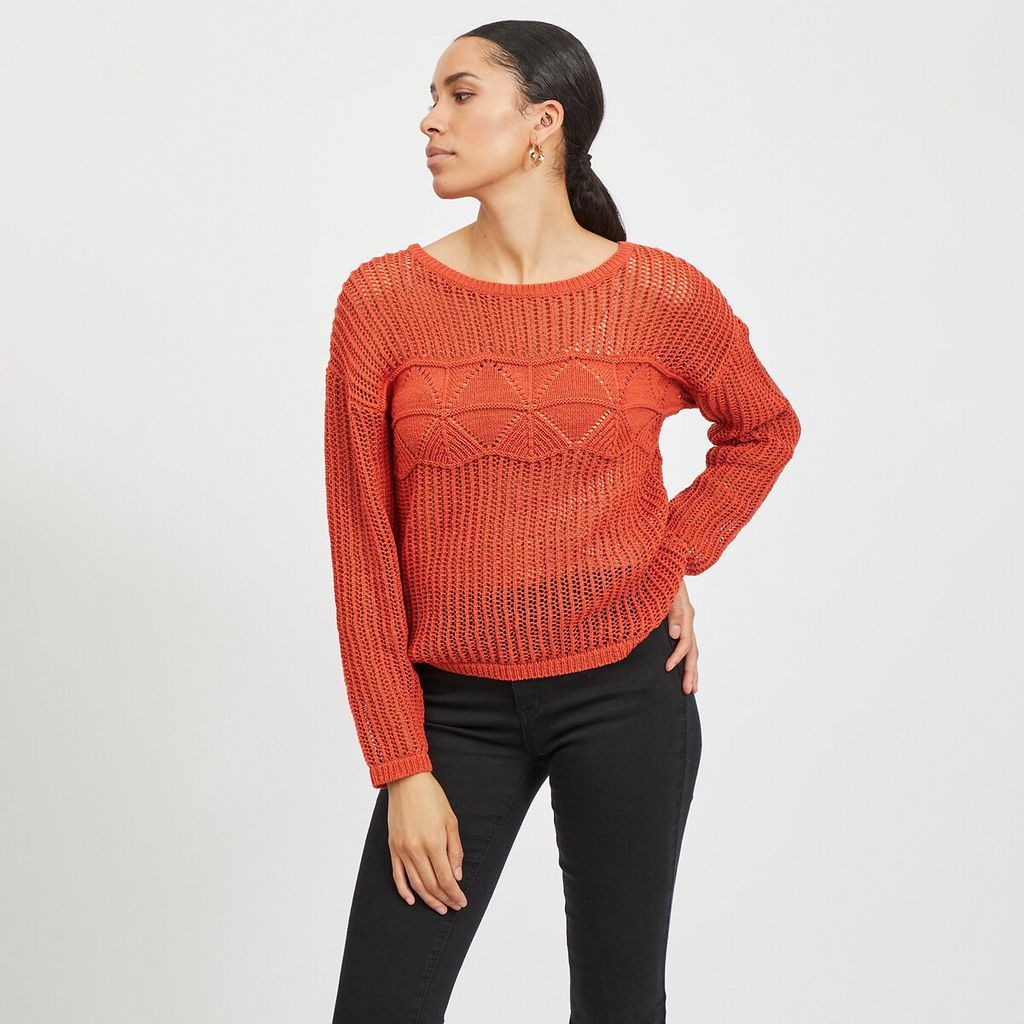 Cotton Mix Knit Jumper with Fine Openwork and Crew Neck