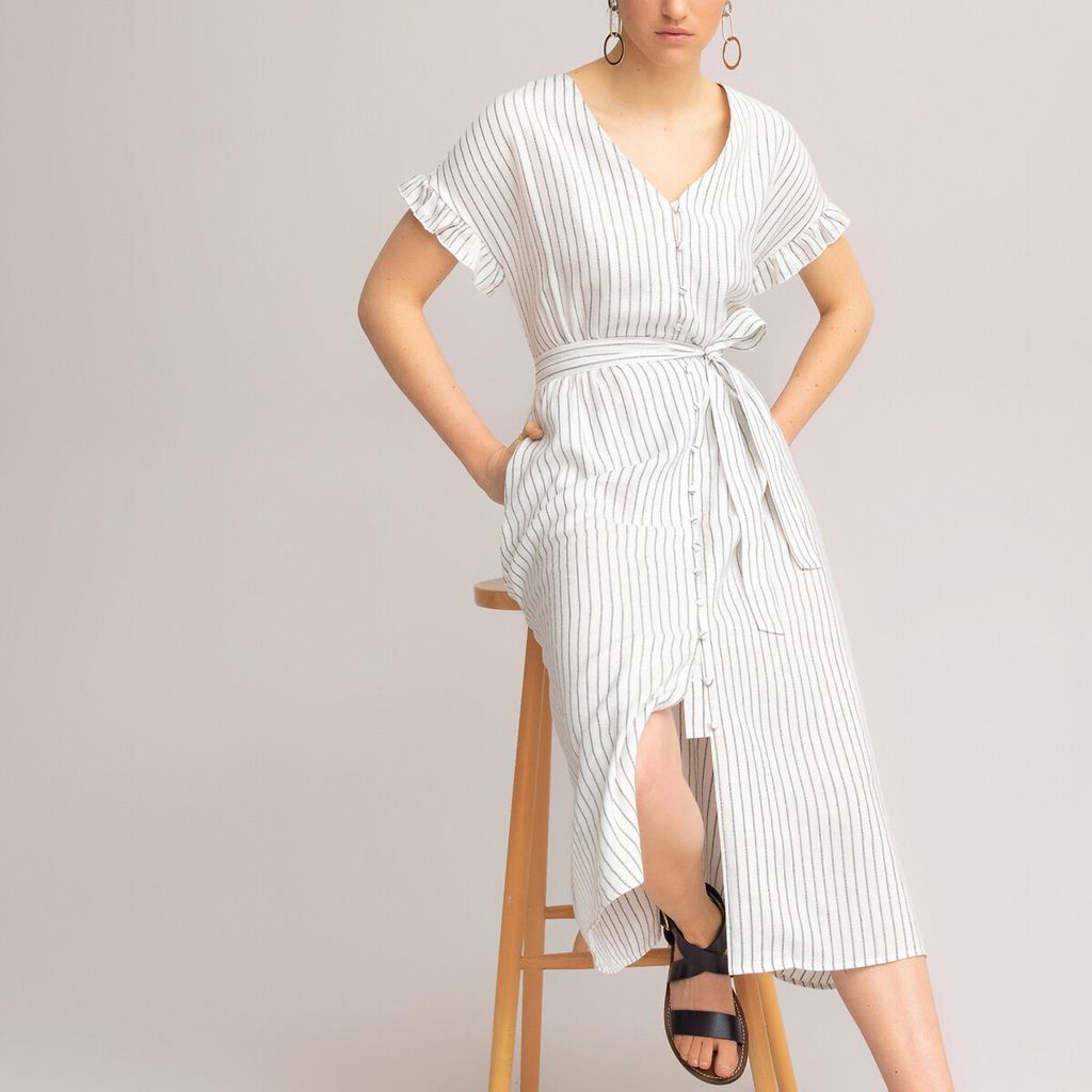 Striped Midi Dress with Ruffled Short Sleeves