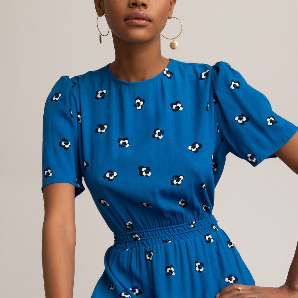Floral Cutout Back Dress with Short Puff Sleeves