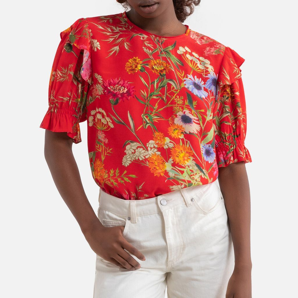 Egypte Floral Print Blouse with Round Neck and Short Sleeves
