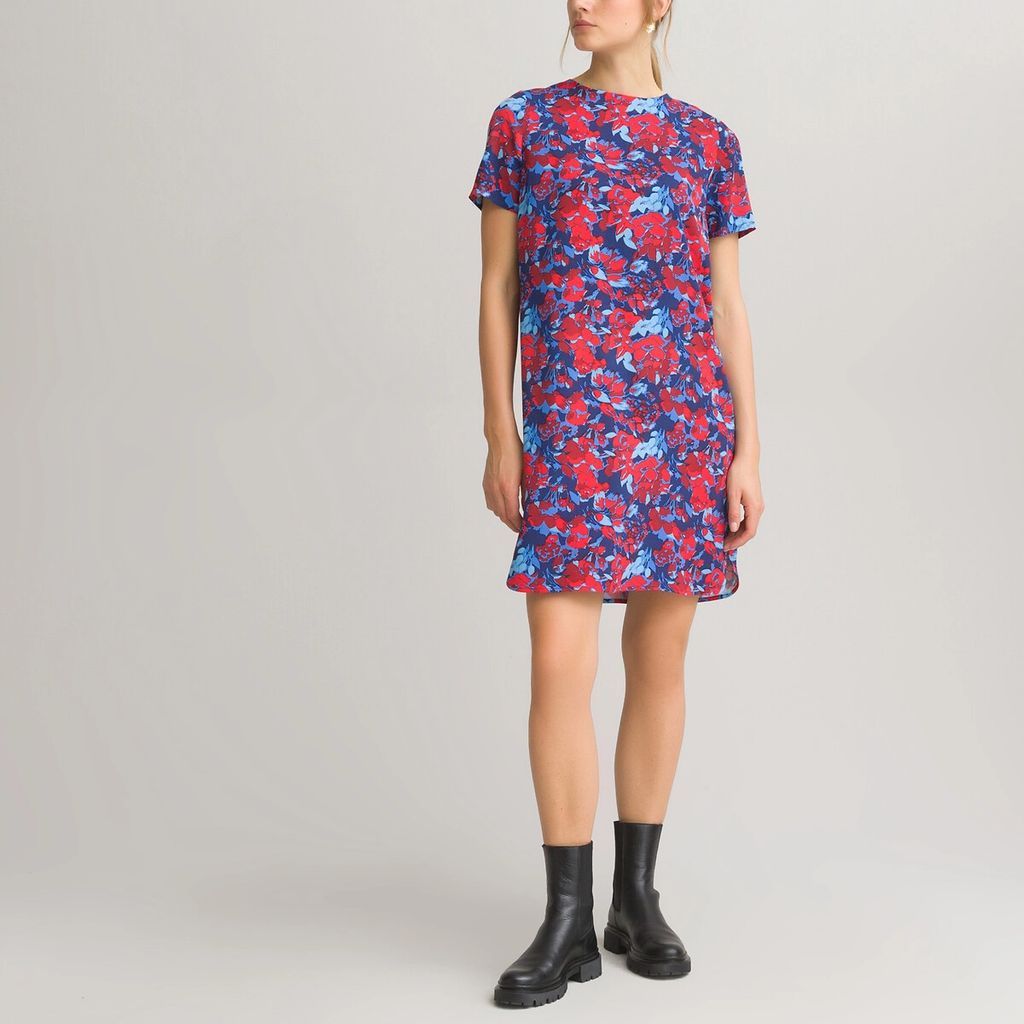 Floral Mini Shift Dress with Crew Neck and Short Sleeves