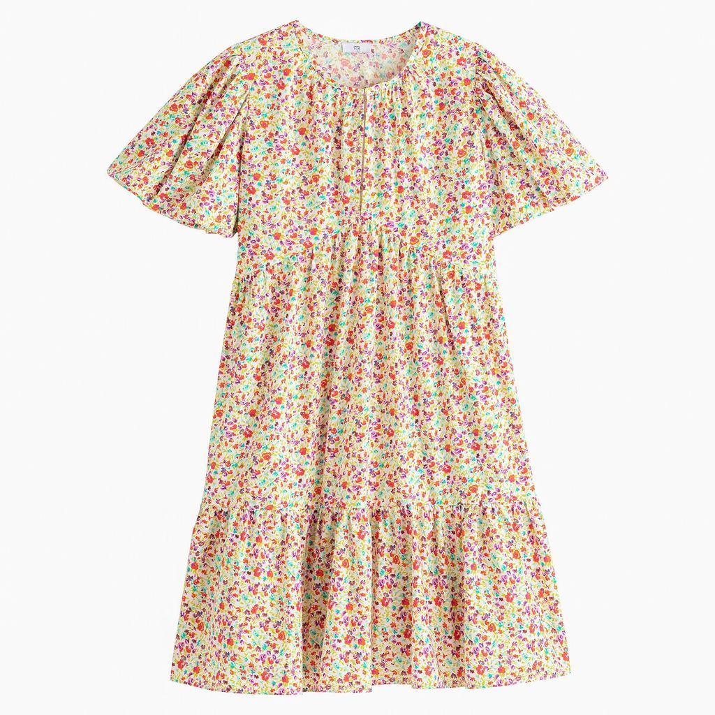 Cotton Poplin Mini Smock Dress in Floral Print with Puff Sleeves