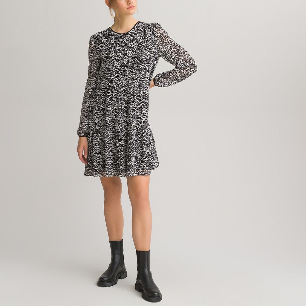 Recycled Printed Mini Dress with Long Sleeves and Crew Neck