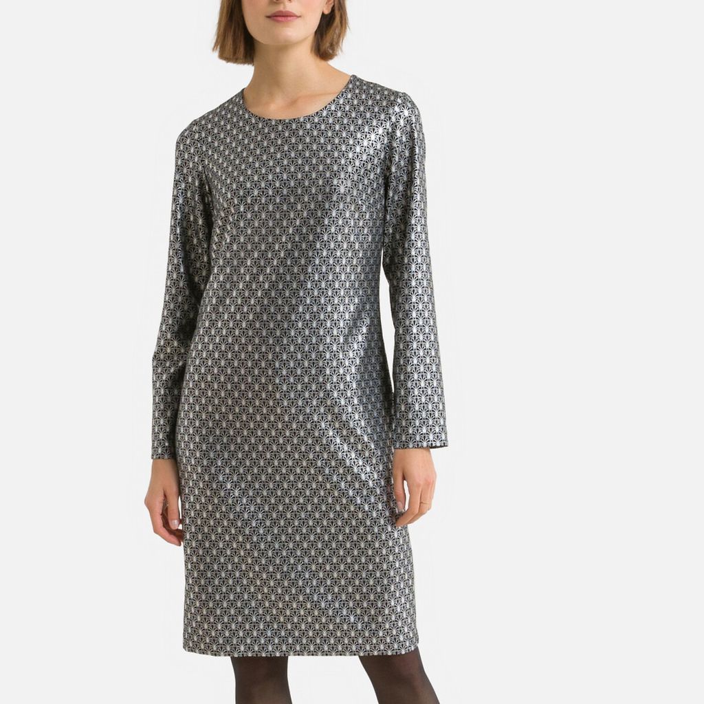 Printed Mini Shift Dress with Long Sleeves