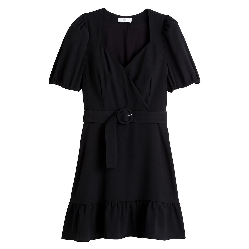 Faux Wrapover Dress with Short Puff Sleeves