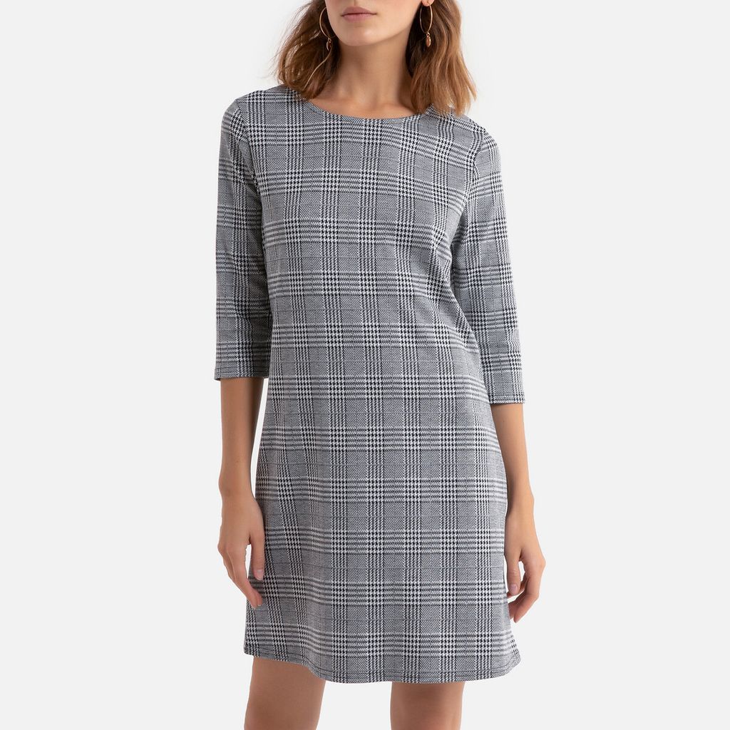 Checked Mini Dress with 3/4 Length Sleeves