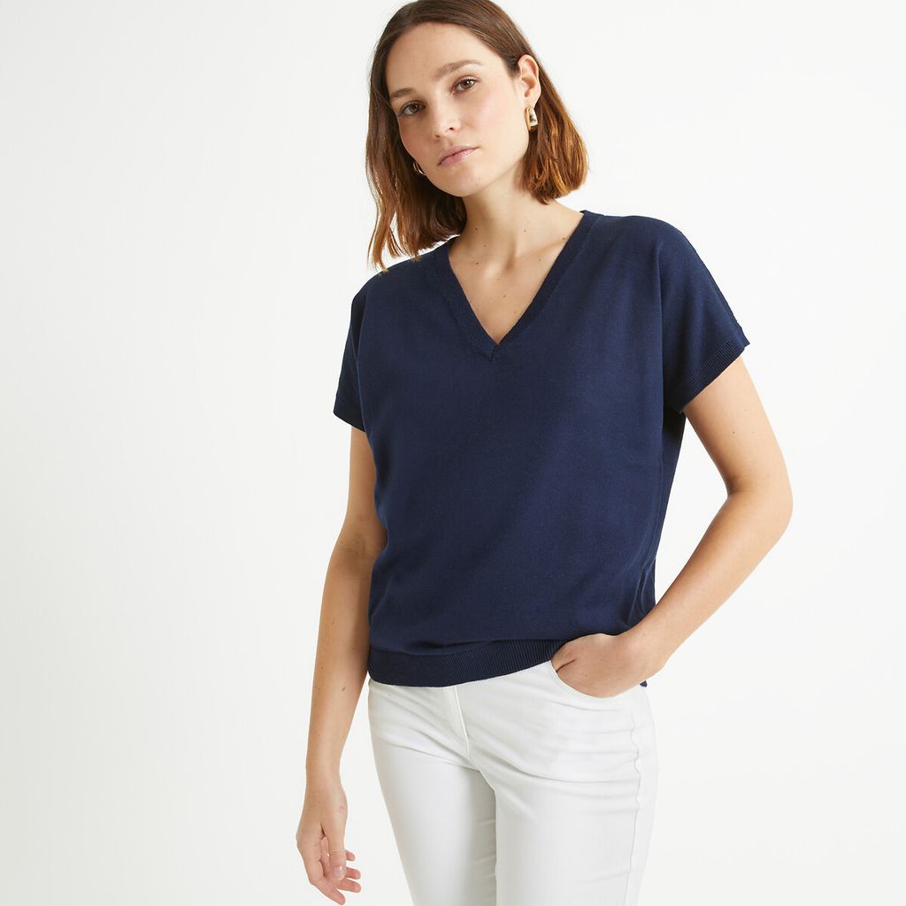 Fine Knit Jumper with Short Sleeves and V-Neck in Cotton Mix