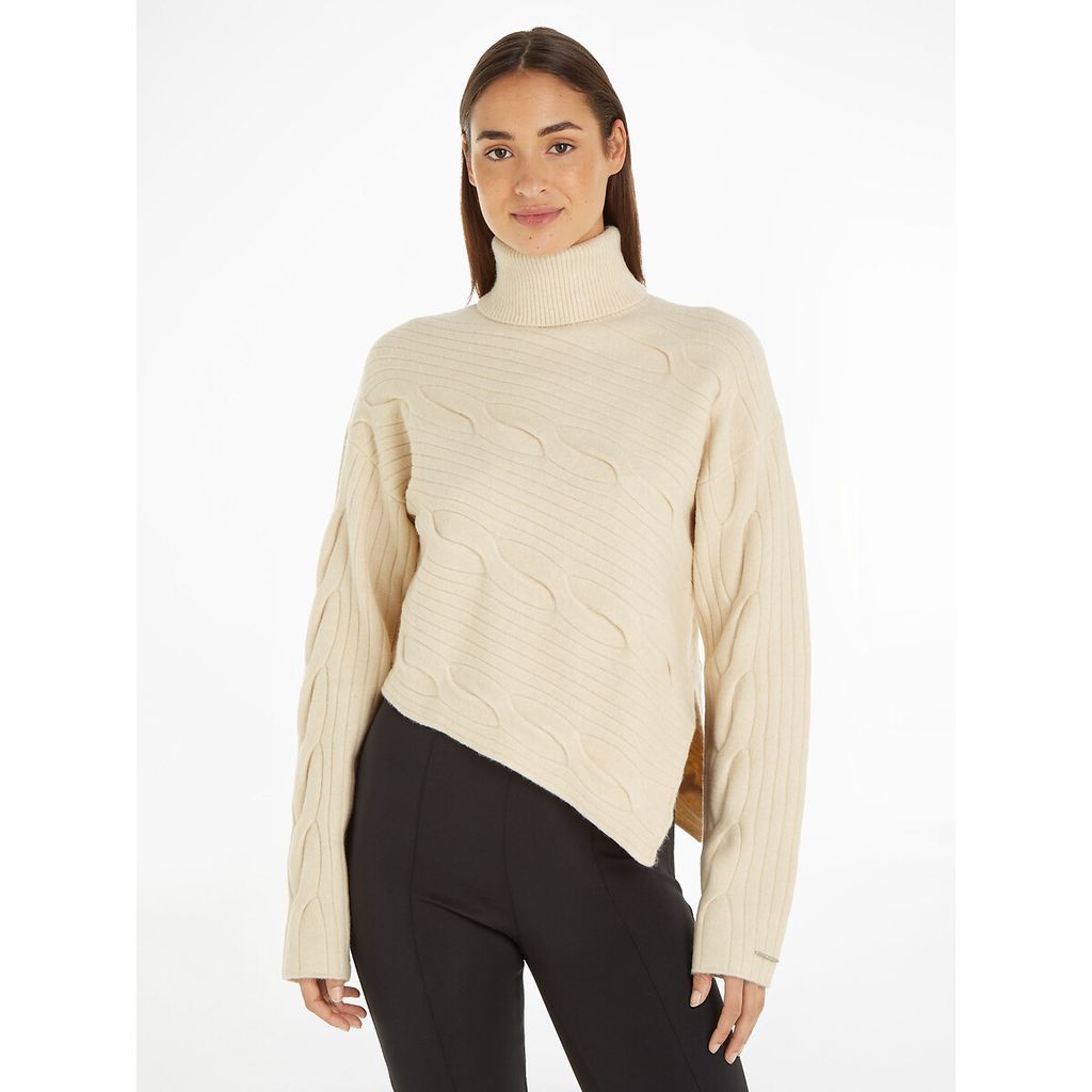 Asymmetric Cable Knit Jumper with Turtleneck