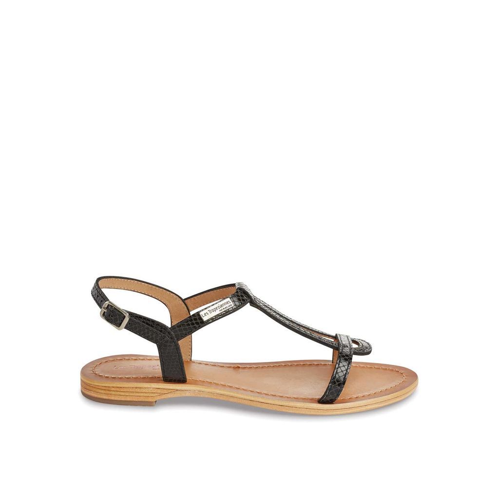 Hamat Leather Flat Sandals with Faux Snakeskin Strap