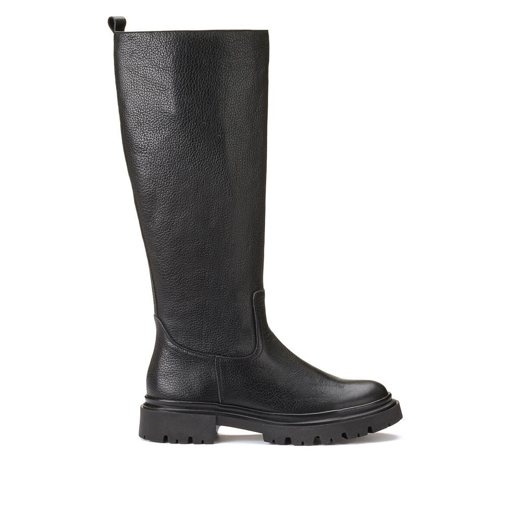 Leather Biker Calf Boots with Notched Sole
