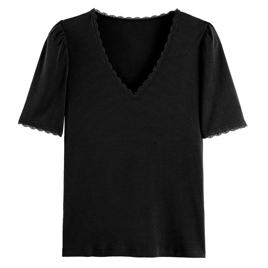 V-Neck T-Shirt with Short Puff Sleeves