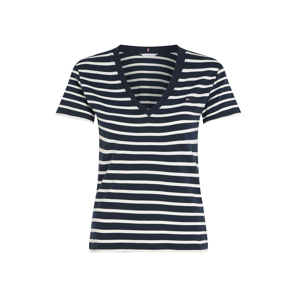 Breton Striped Cotton T-Shirt with V-Neck and Short Sleeves