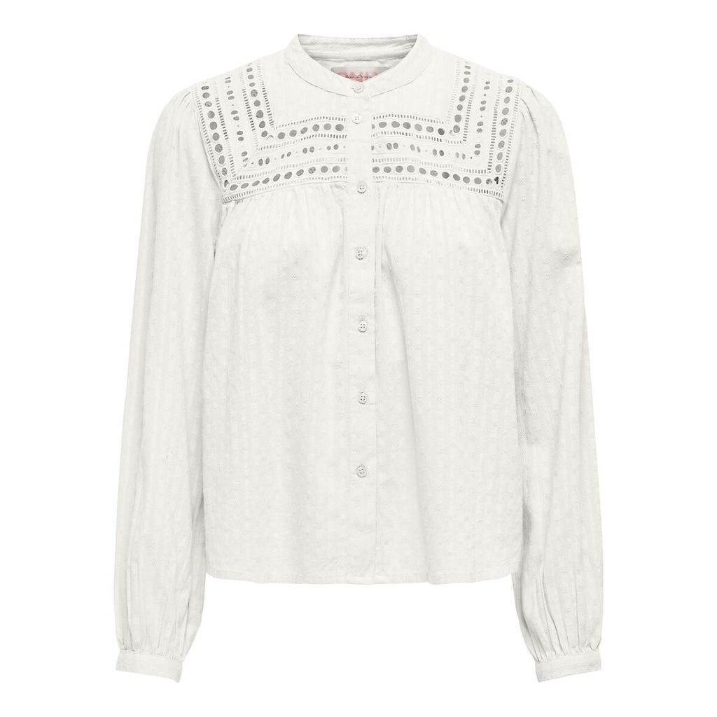 Broderie Anglaise Cotton Blouse with Mandarin Collar