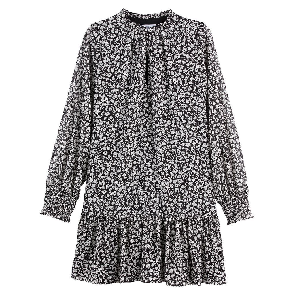 Floral Full Mini Dress with Ruffled Neck and Long Sleeves