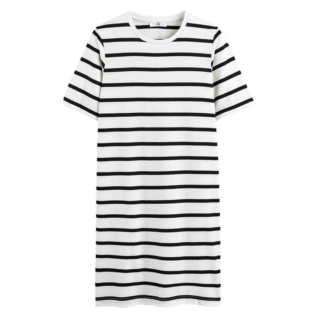 Striped Cotton T-Shirt Dress with Crew Neck and Short Sleeves