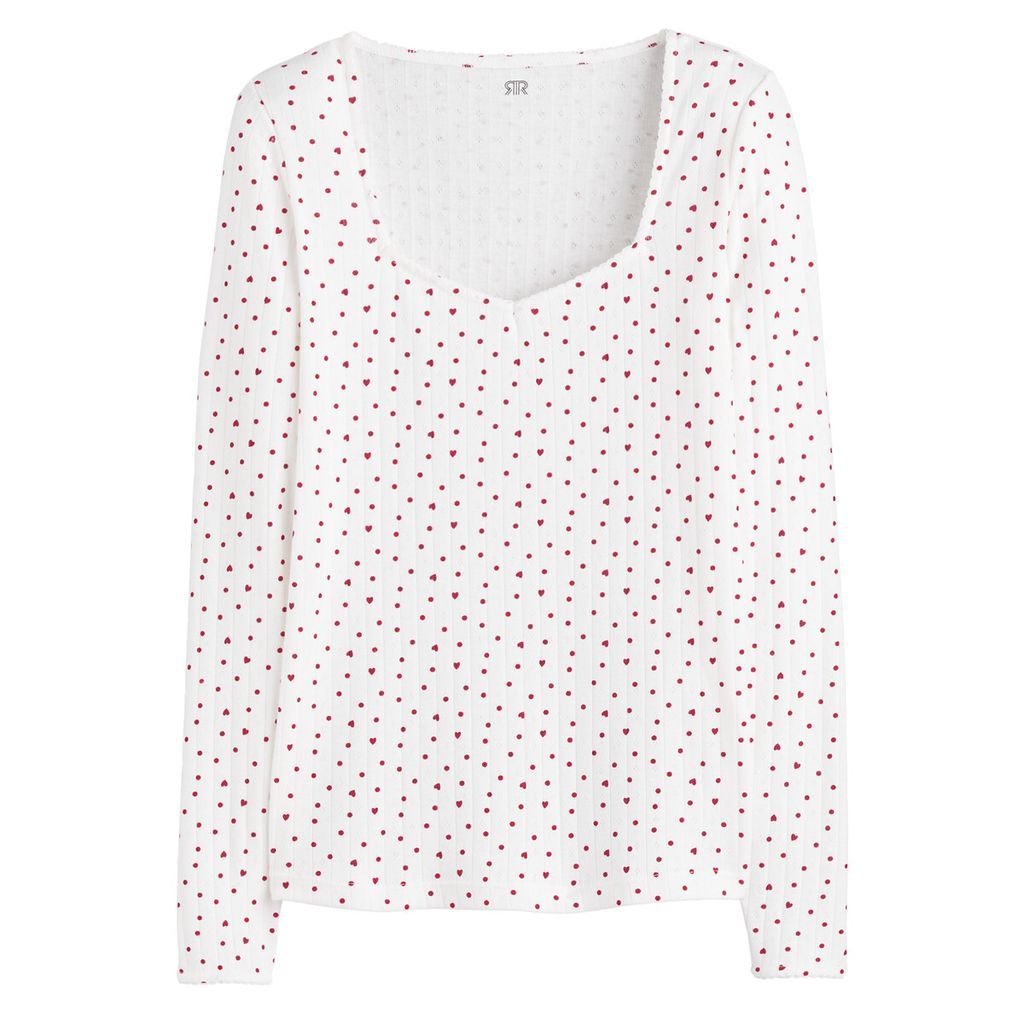 Printed Square Neck T-Shirt in Cotton Mix with Long Sleeves