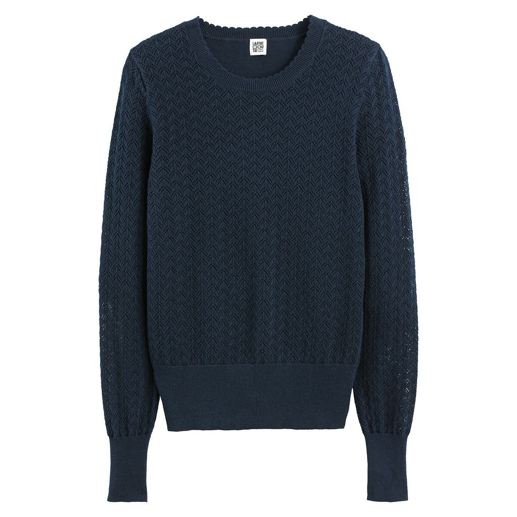 Cotton Pointelle Knit Jumper with Crew Neck