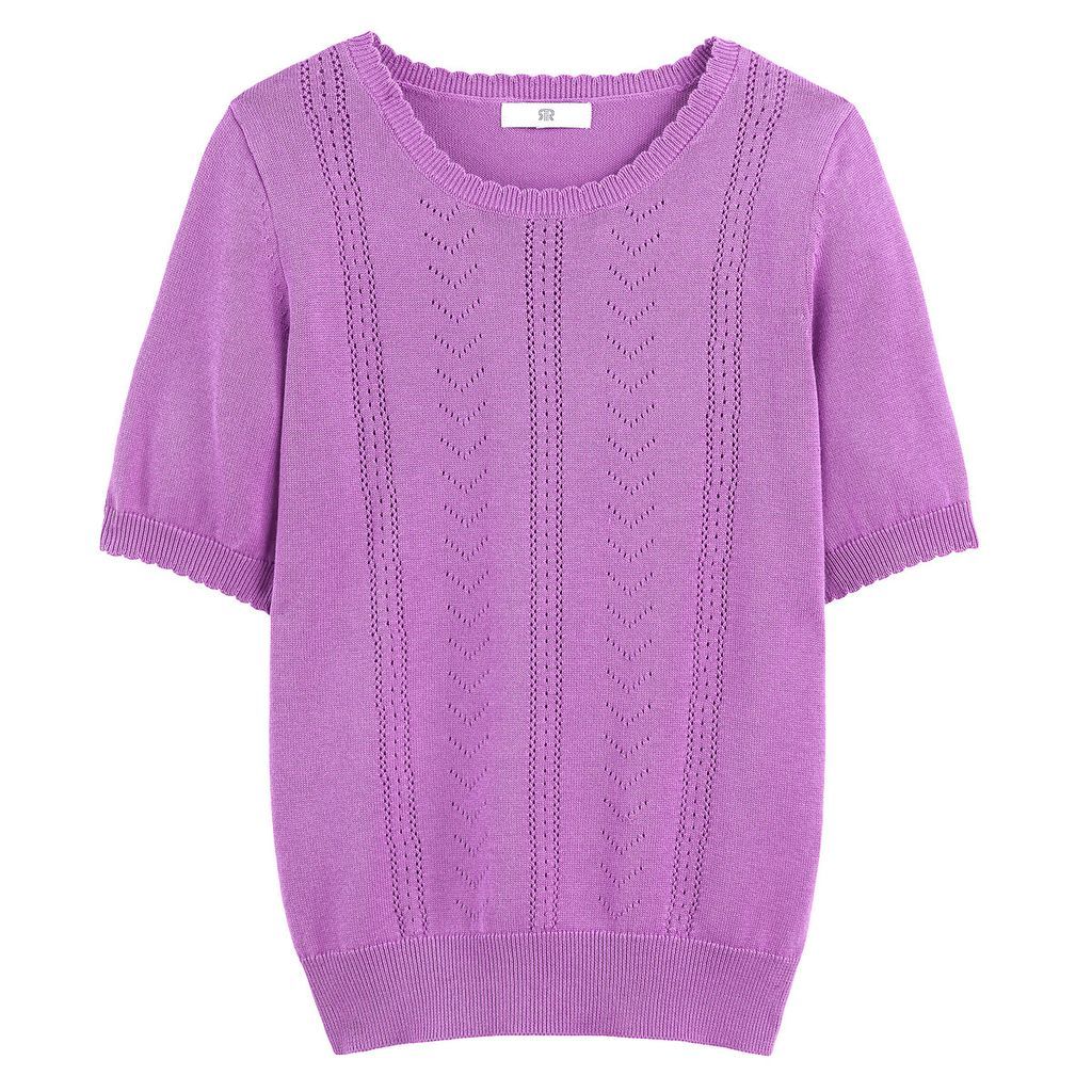 Recycled Cotton Mix Jumper in Fine Pointelle Knit with Short Sleeves