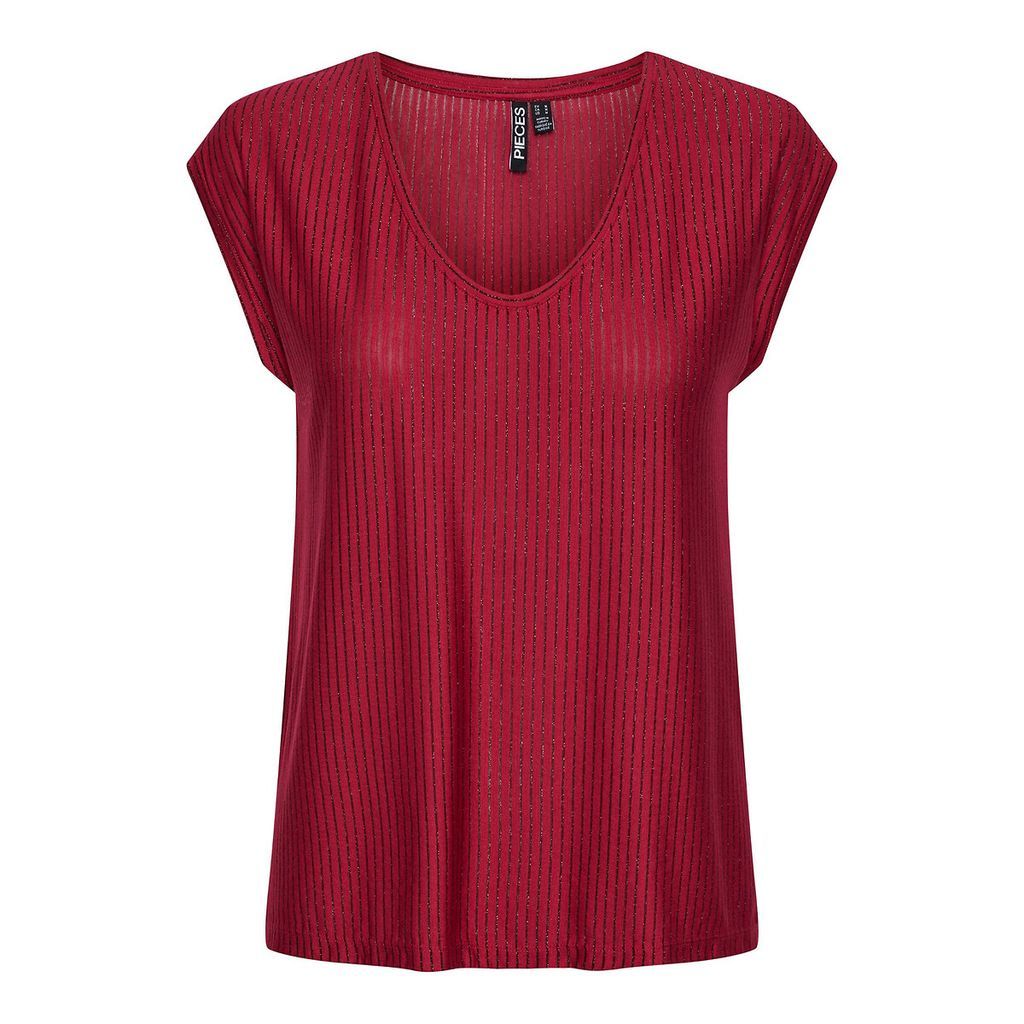 Finely Striped T-Shirt with V-Neck