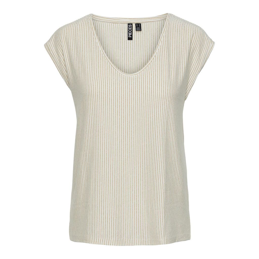 Finely Striped T-Shirt with V-Neck