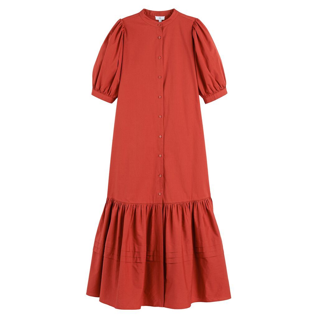 Cotton Tiered Midaxi Dress with Short Balloon Sleeves and Crew Neck