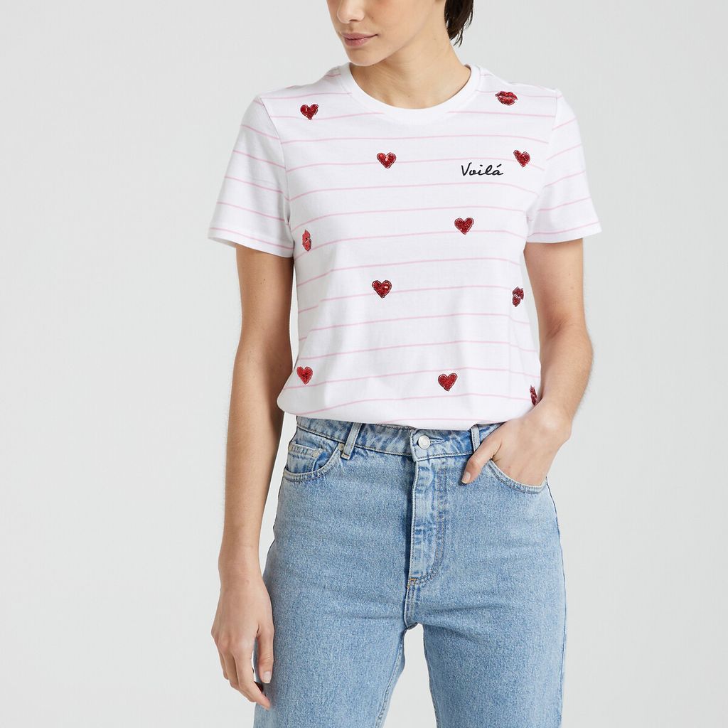 Heart Print Cotton T-Shirt with Short Sleeves