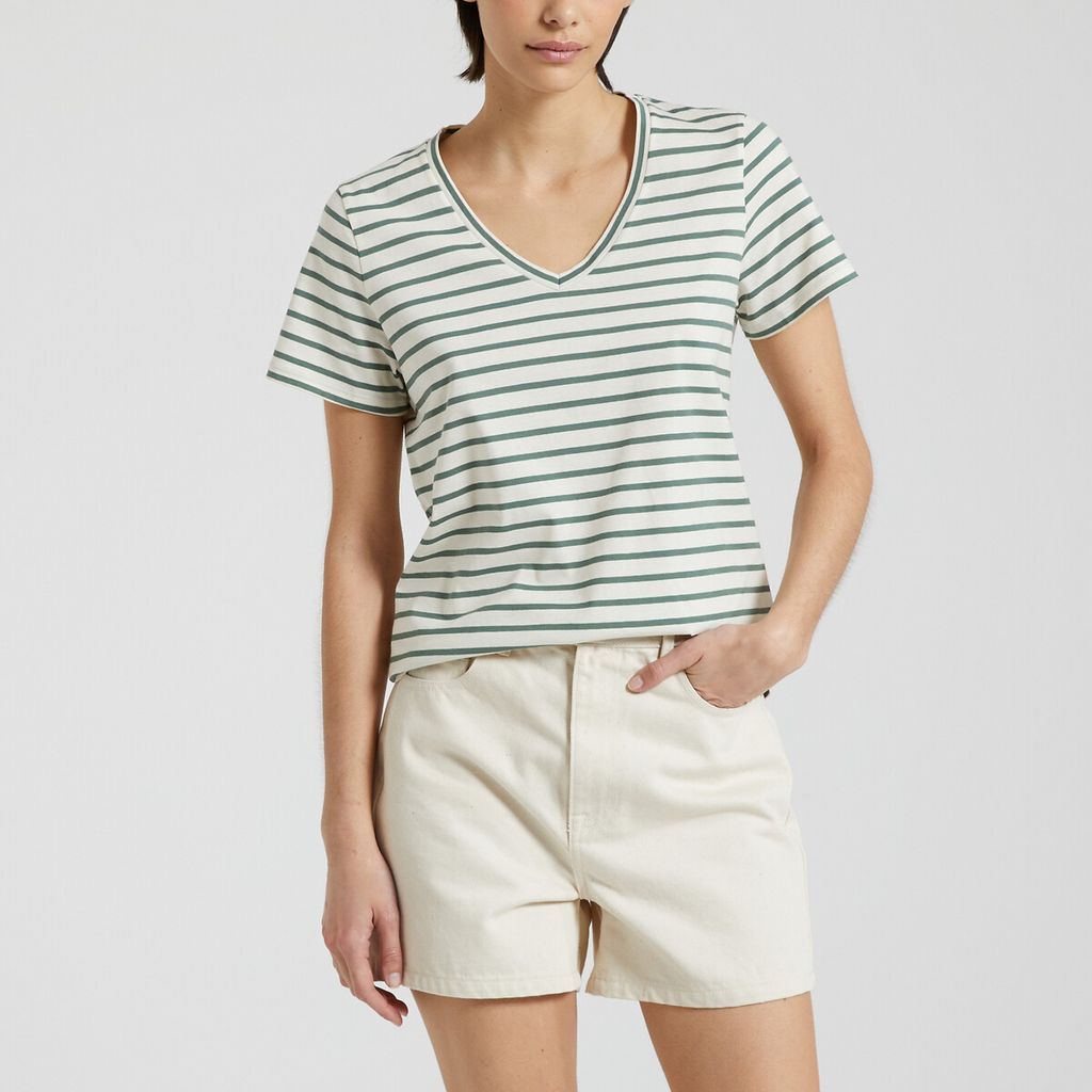 Striped Cotton T-Shirt with V-Neck, Regular Fit